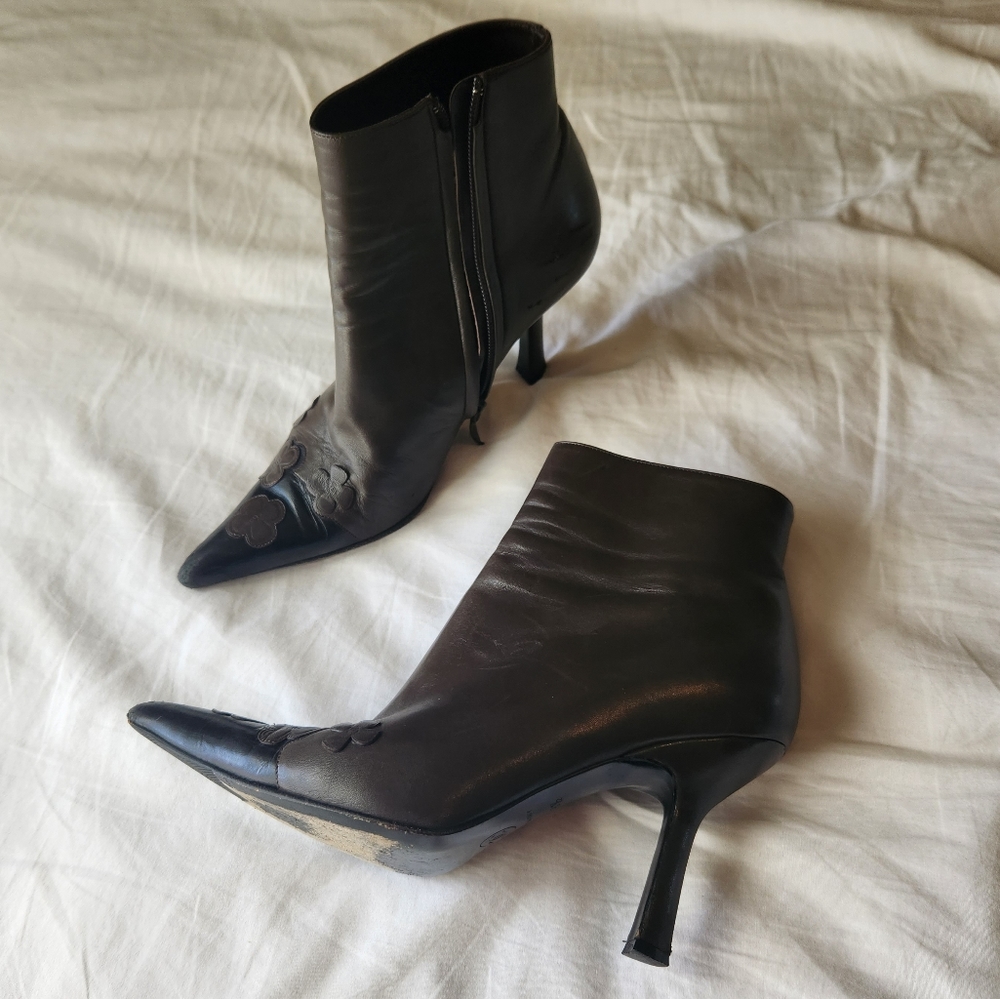 CHANEL Authentic Camellia Flower Leather Ankle Boots Brown & Black Size 38-1/2
